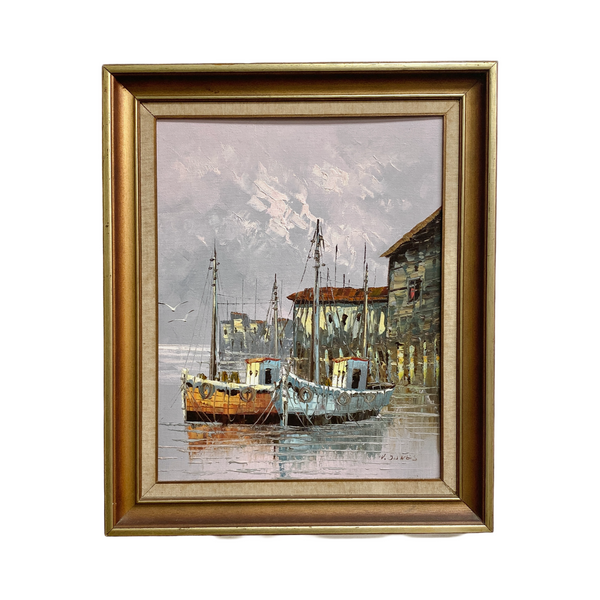 Vintage W.Jones Oil on Canvas Original Painting of Boats Harbour Side