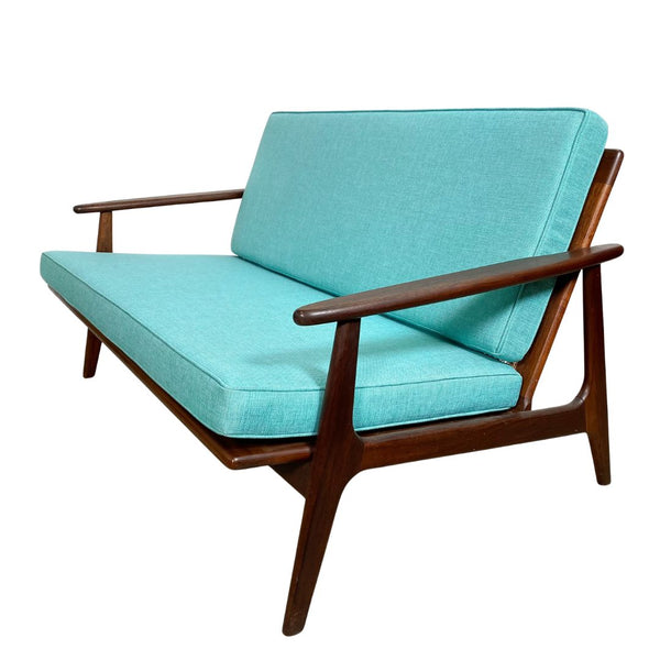 Mid Century Parker Rattan Back 2 Seater Lounge Aqua- Newly Upholstered