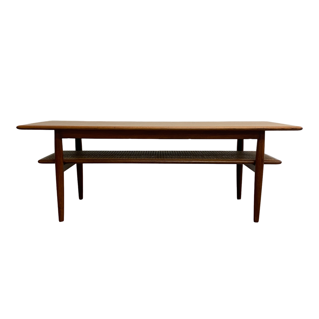 Mid Century Parker Teak Coffee Table With Rattan Magazine Shelf - Restored