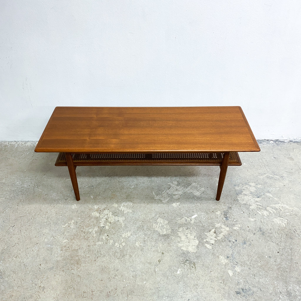 Mid Century Parker Teak Coffee Table With Rattan Magazine Shelf - Restored