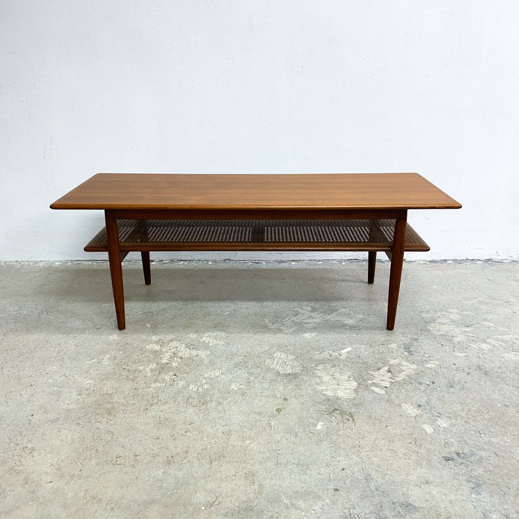 Mid Century Parker Teak Coffee Table With Rattan Magazine Shelf - Restored