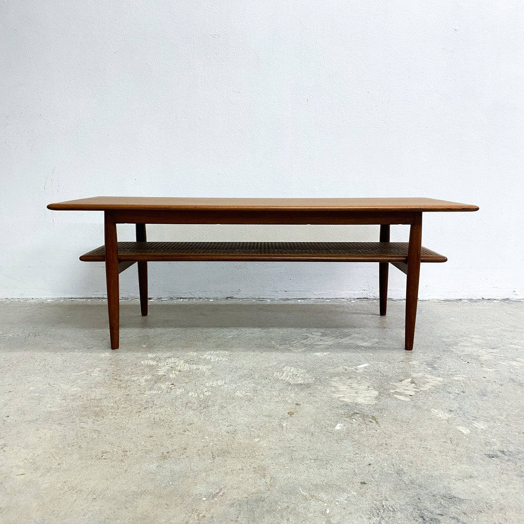 Mid Century Parker Teak Coffee Table With Rattan Magazine Shelf - Restored