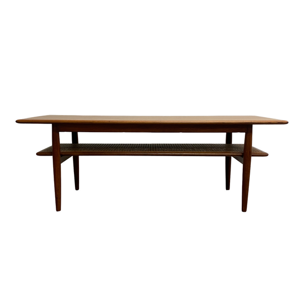 Mid Century Parker Teak Coffee Table With Rattan Magazine Shelf - Restored