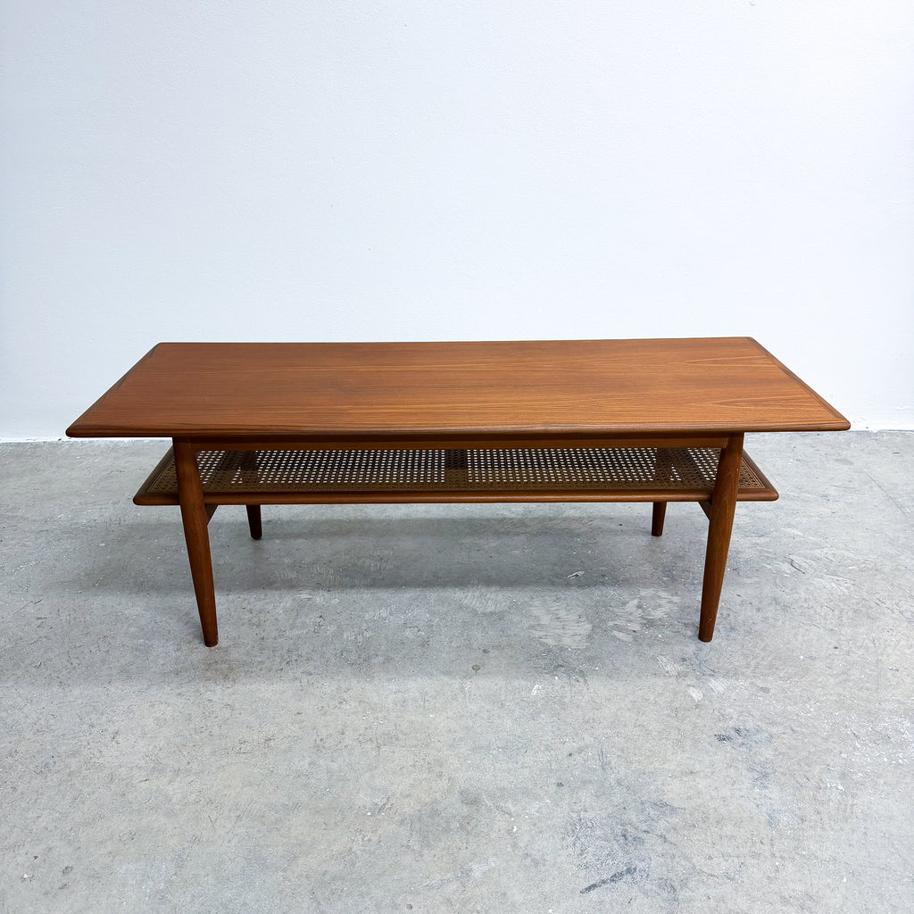 Mid Century Parker Teak Coffee Table With Rattan Magazine Shelf Model 138