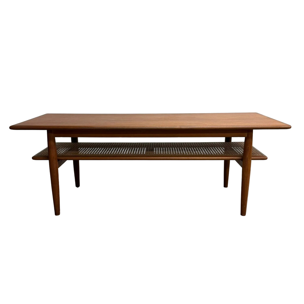 Mid Century Parker Teak Coffee Table With Rattan Magazine Shelf Model 138
