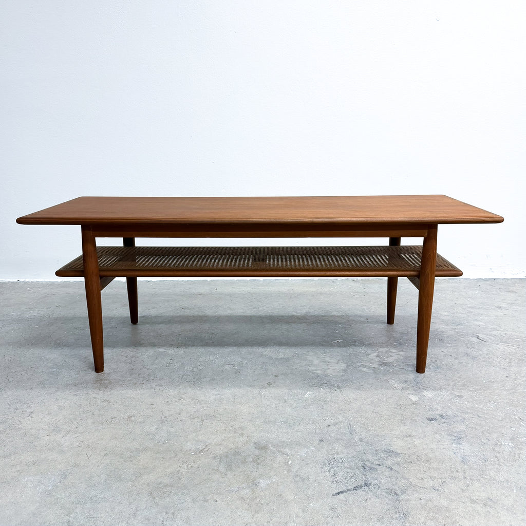 Mid Century Parker Teak Coffee Table With Rattan Magazine Shelf Model 138