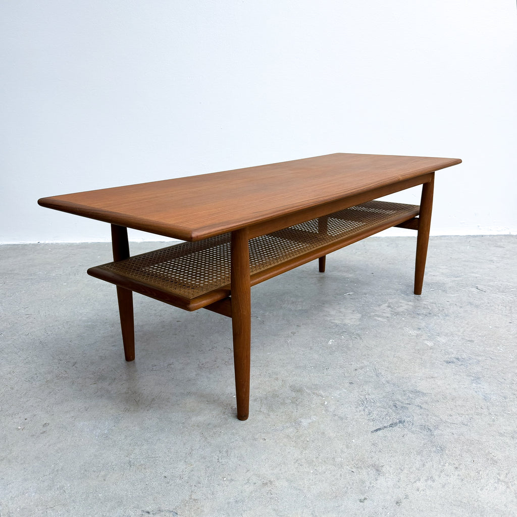 Mid Century Parker Teak Coffee Table With Rattan Magazine Shelf Model 138