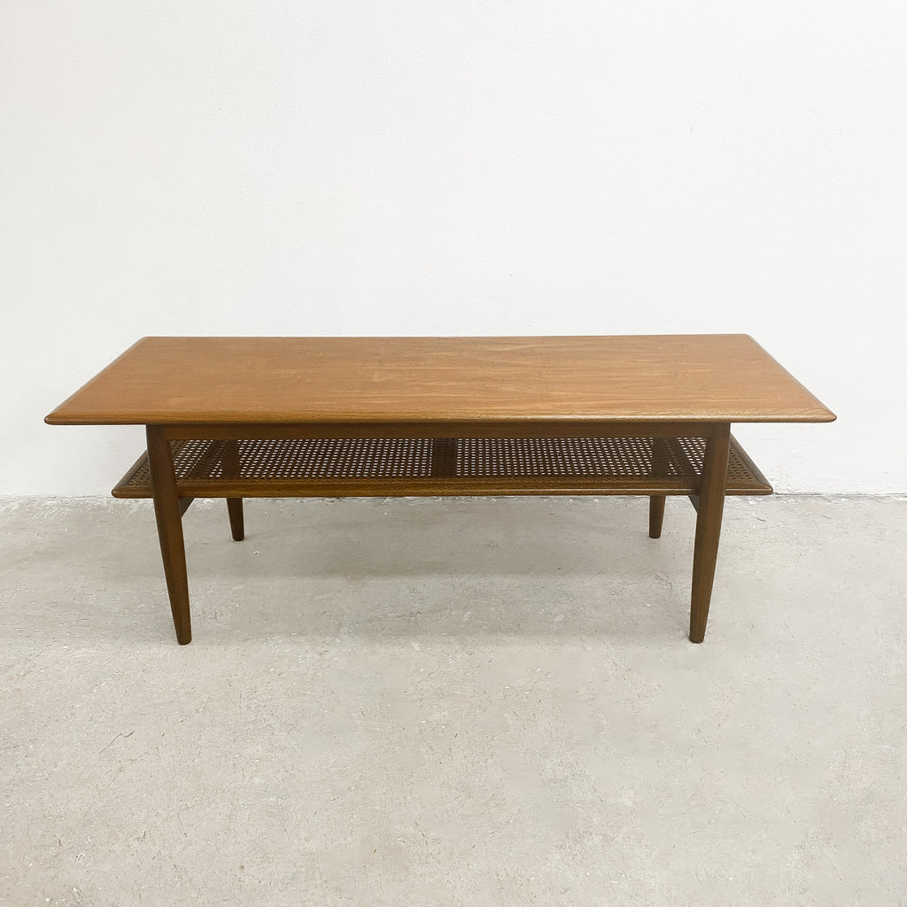 Mid Century Parker Teak Coffee Table With Rattan Shelf