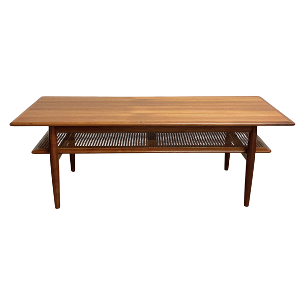 Mid Century Parker Teak Coffee Table With Rattan Shelf