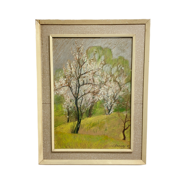 Mid Century Picture Pastel on Card Trees in Bloom