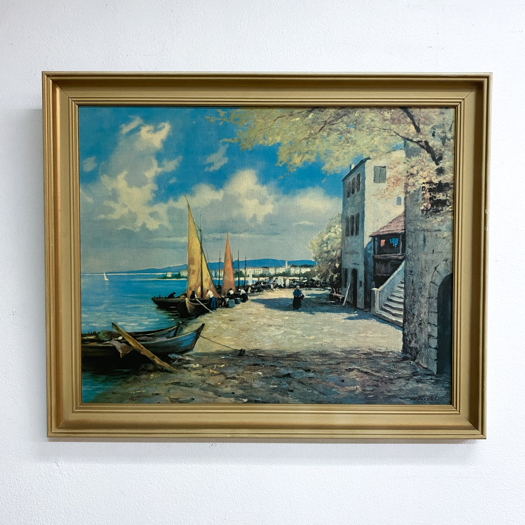 Mid Century Print of Coastal Boats at Rest