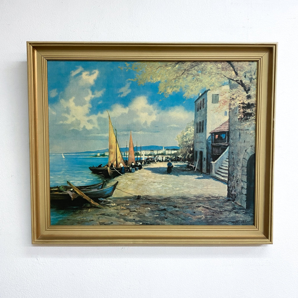 Mid Century Print of Coastal Boats at Rest