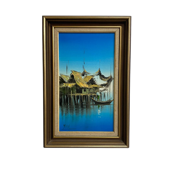 Mid Century Signed Oil Painting of Man In Boat