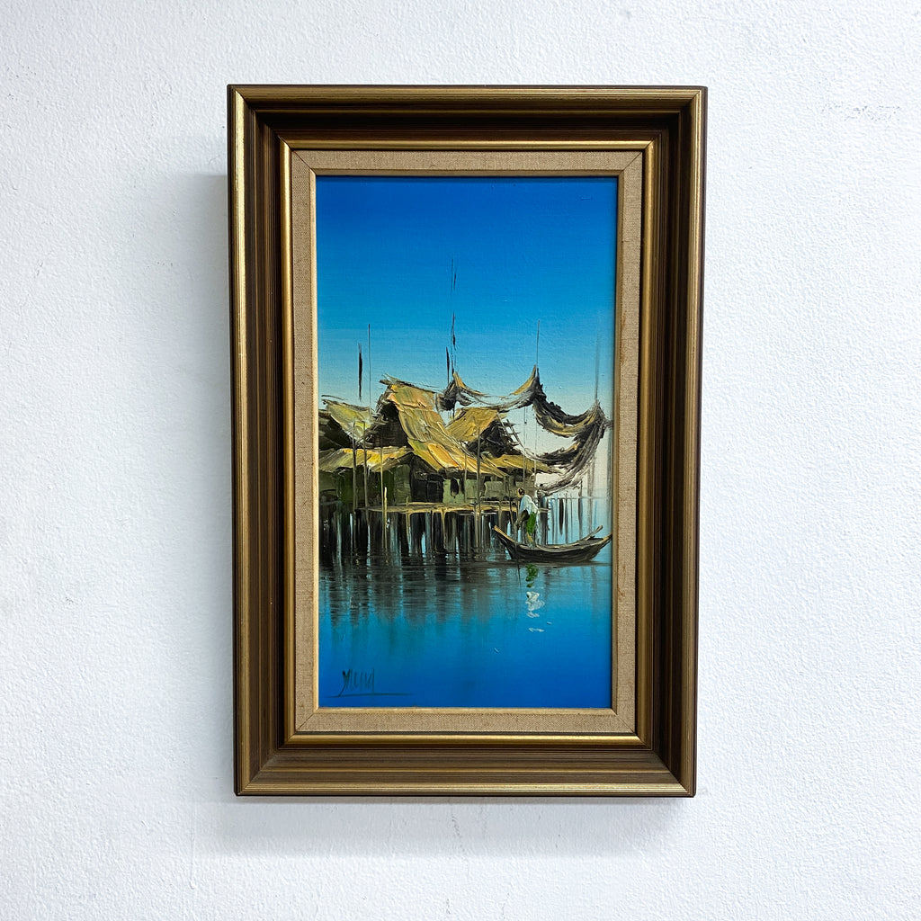 Mid Century Signed Oil Painting of Man In Boat