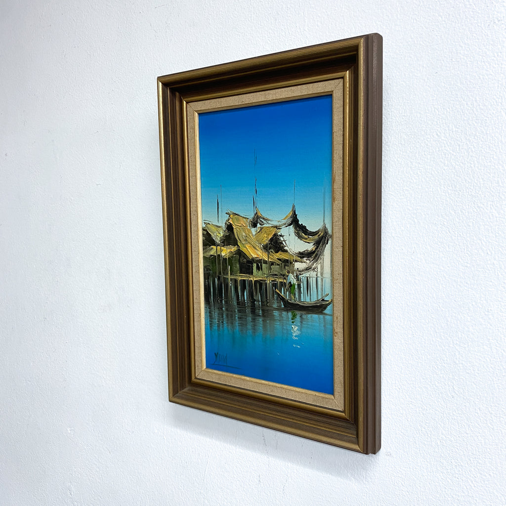 Mid Century Signed Oil Painting of Man In Boat