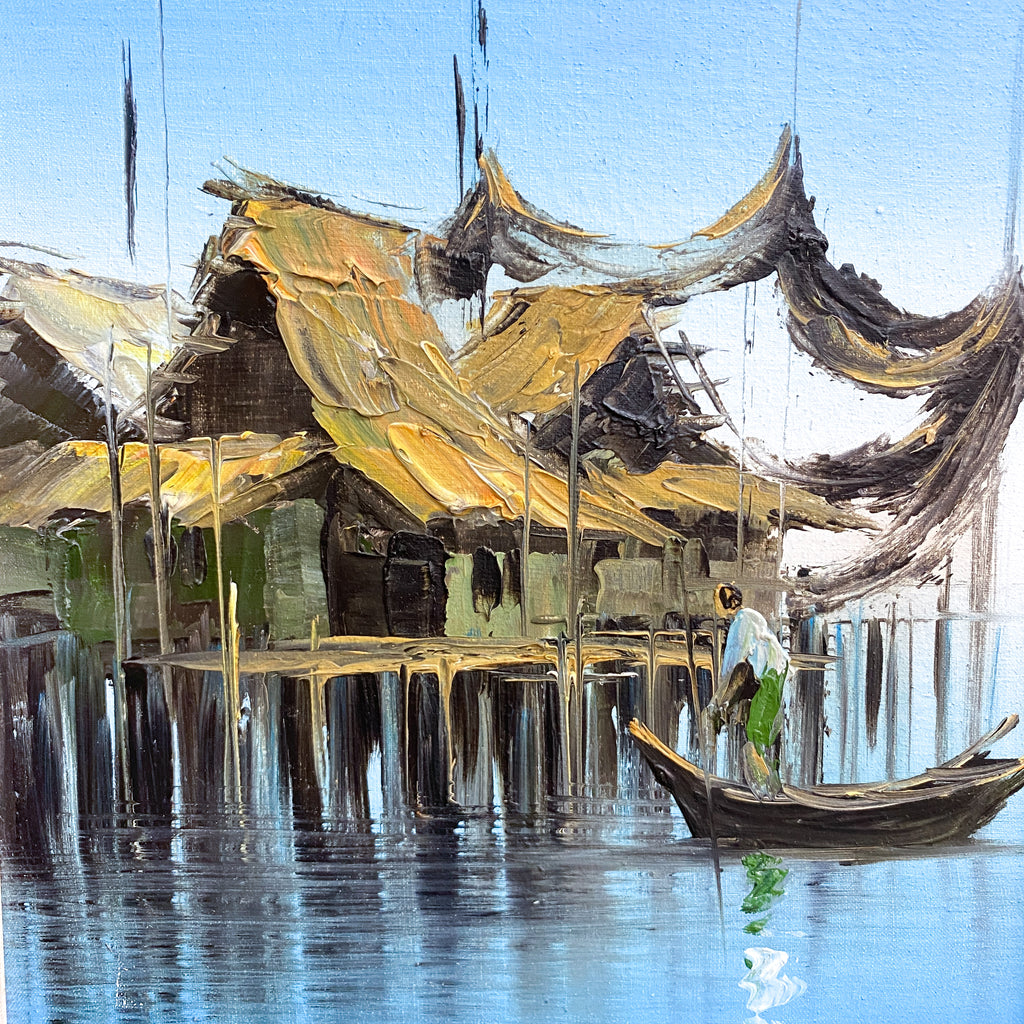 Mid Century Signed Oil Painting of Man In Boat