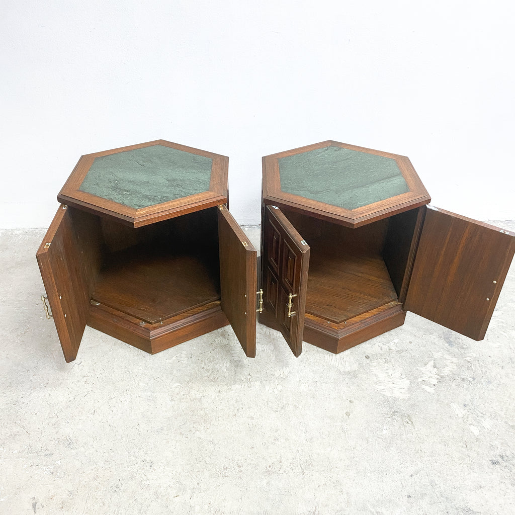 Mid Century Solid Teak And Marble Pair Of Bedsides