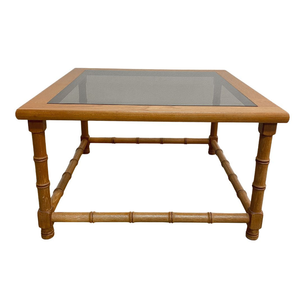 Mid Century Square Teak Faux Bamboo Carved Side Lamp Table