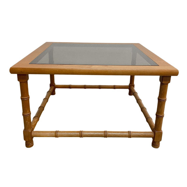 Mid Century Square Teak Faux Bamboo Carved Side Lamp Table