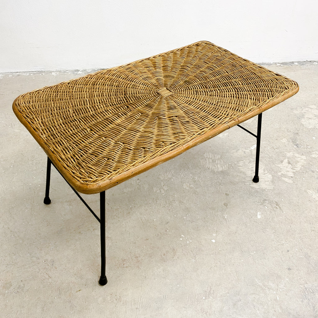 Mid Century Wicker And Metal Rod Coffee Side Table
