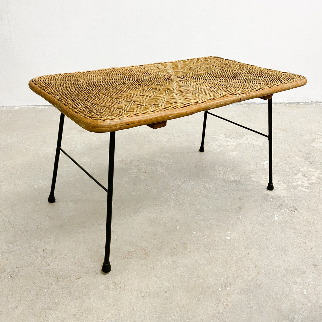 Mid Century Wicker And Metal Rod Coffee Side Table
