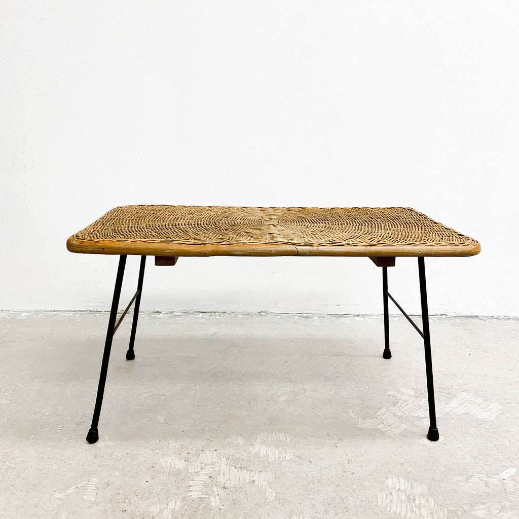 Mid Century Wicker And Metal Rod Coffee Side Table