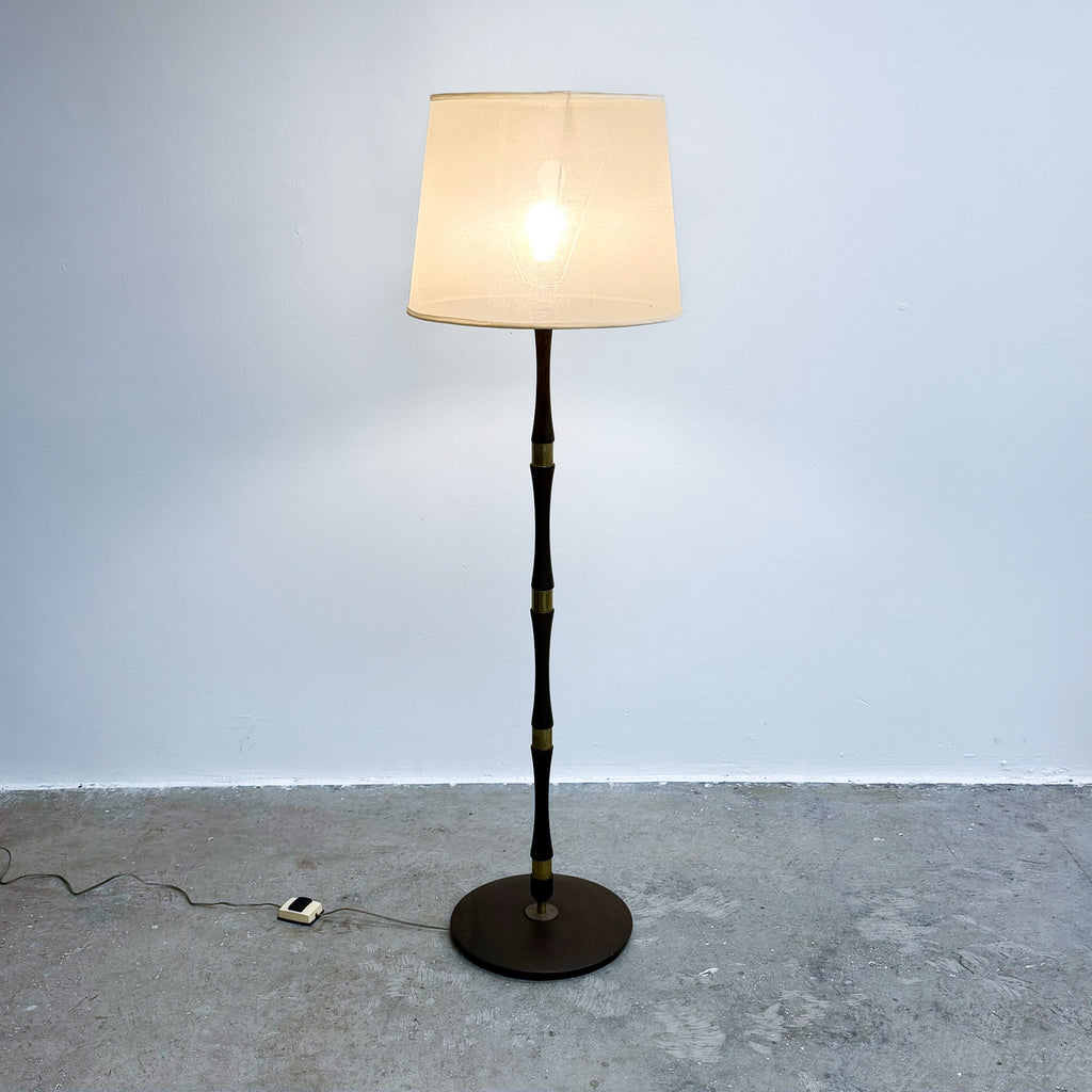 Mid Century Wood And Brass Banded Danish Floor Lamp
