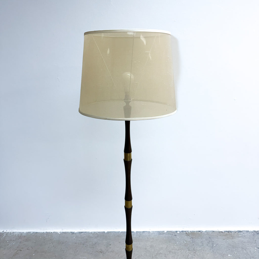 Mid Century Wood And Brass Banded Danish Floor Lamp