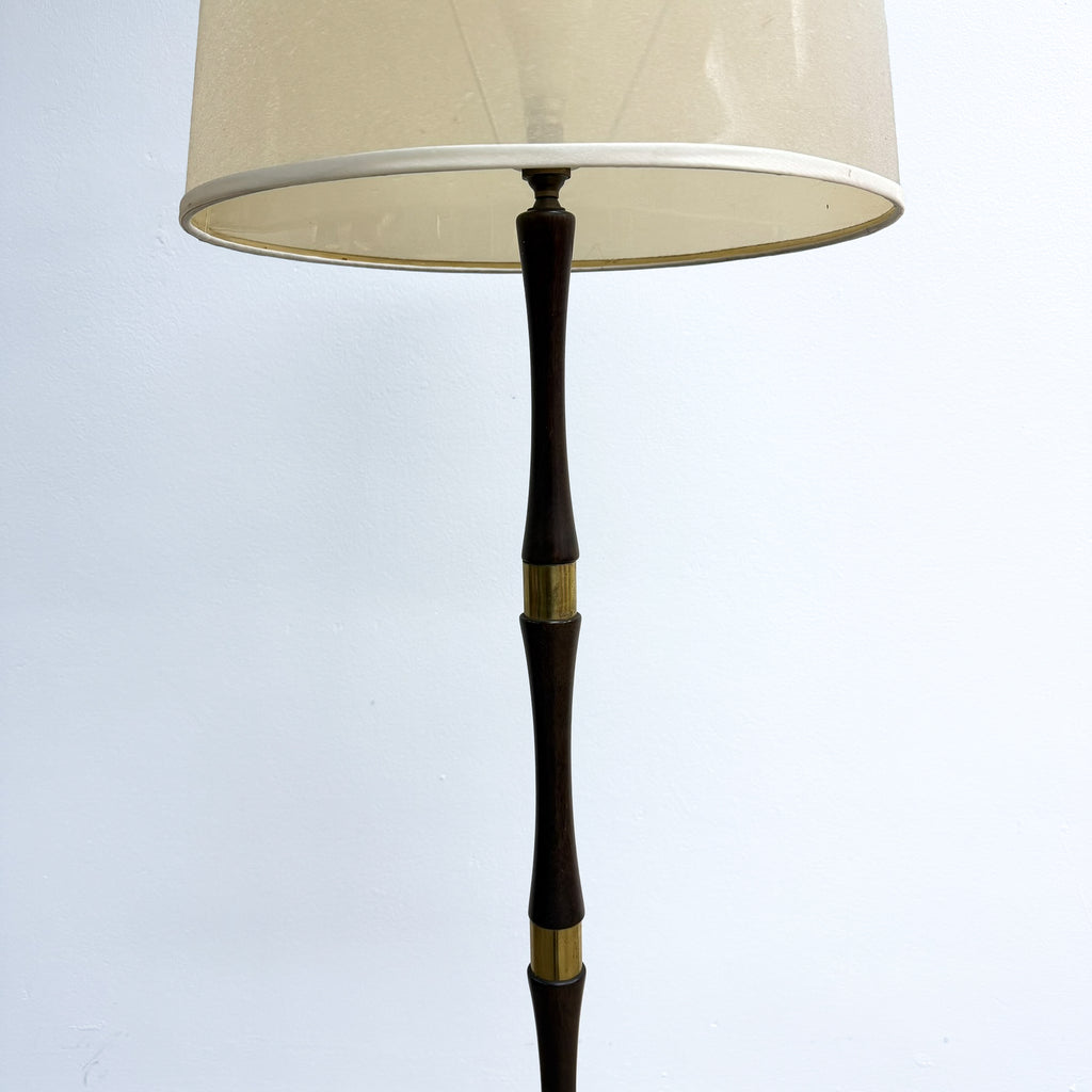 Mid Century Wood And Brass Banded Danish Floor Lamp