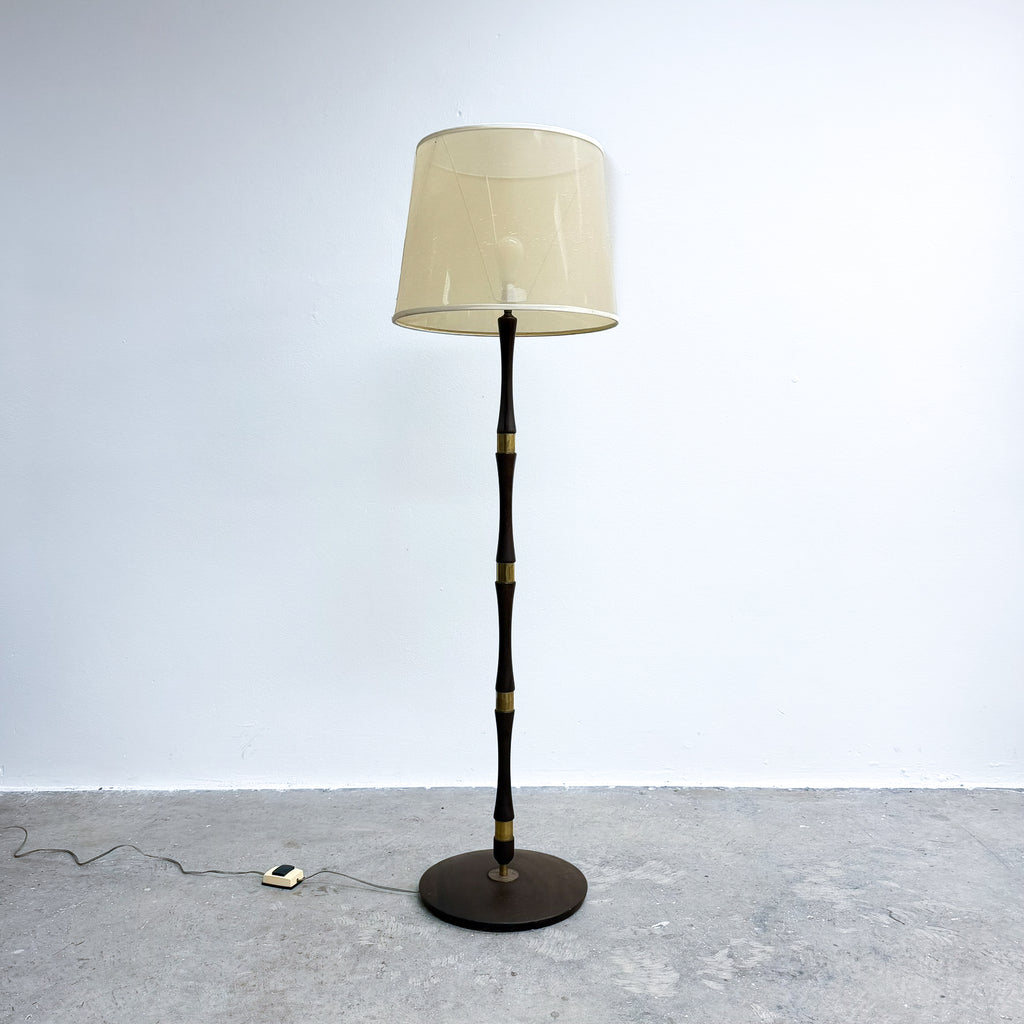 Mid Century Wood And Brass Banded Danish Floor Lamp