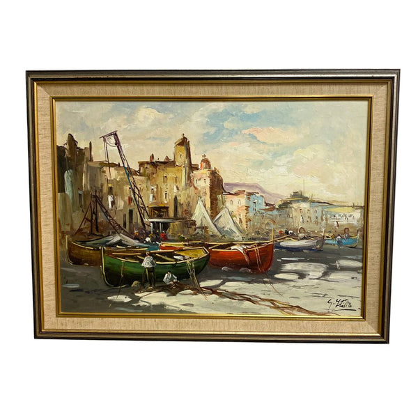 Mid Century Boat Scene Italian Oil Painting By S Stilio