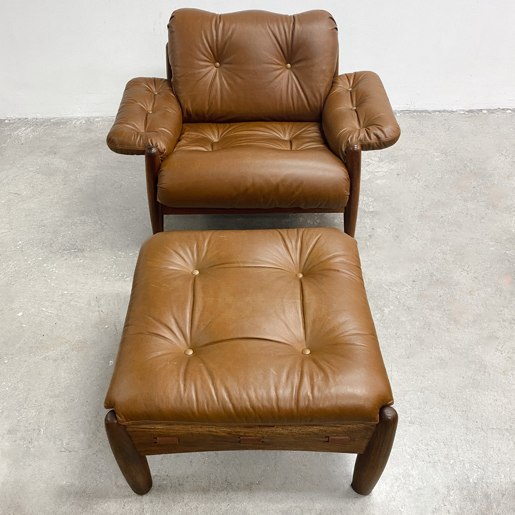 Mid Century Brazilian Rosewood And Leather Armchair and Footstool