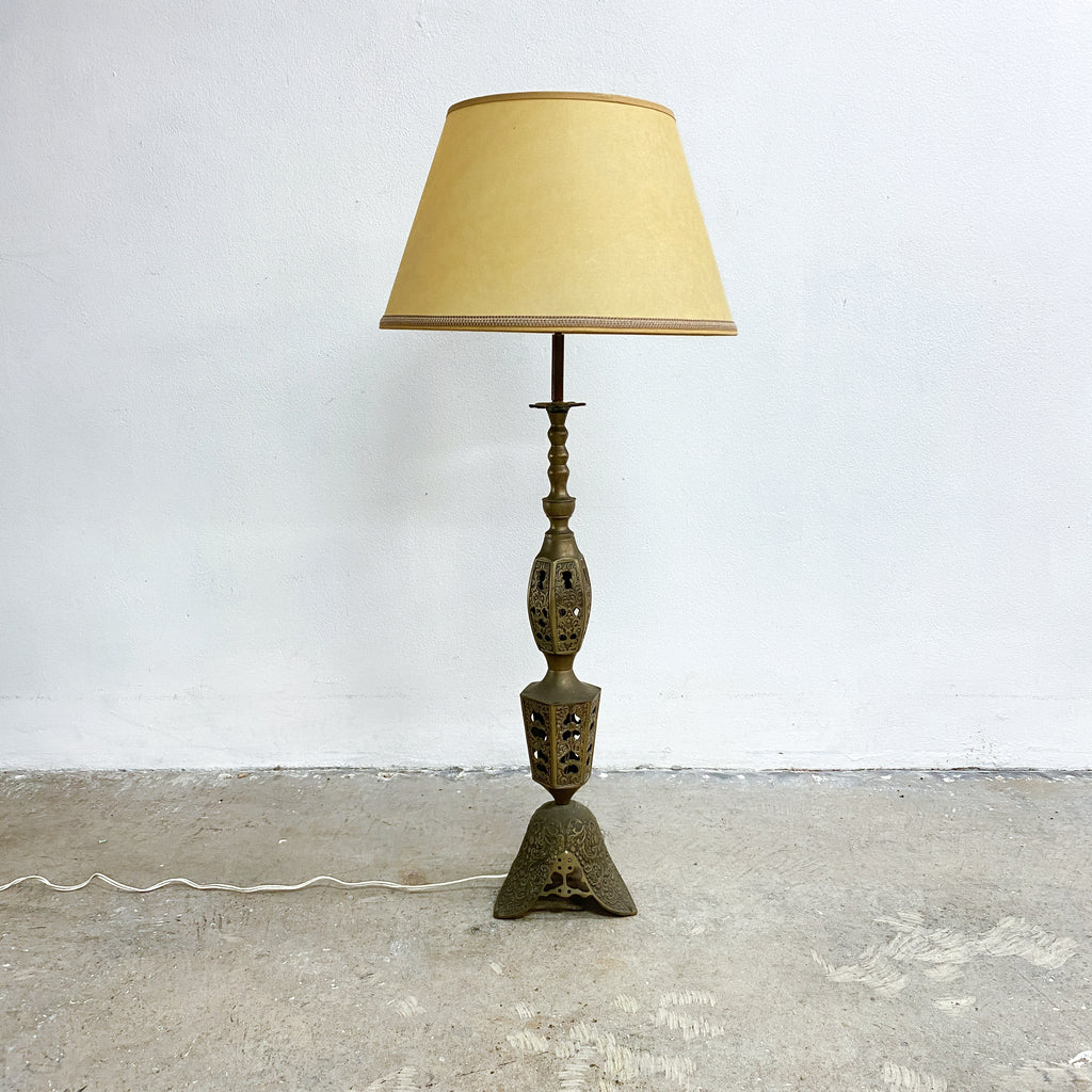 Mid Century Large Ornate Brass Table Lamp With Shade