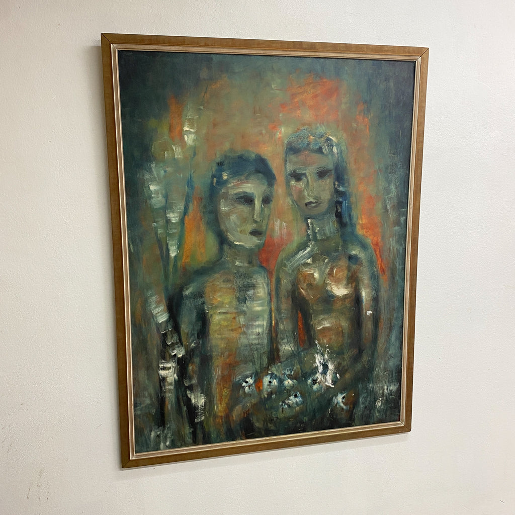 Mid Century Oil On Board Portrait Painting Of Two Figures