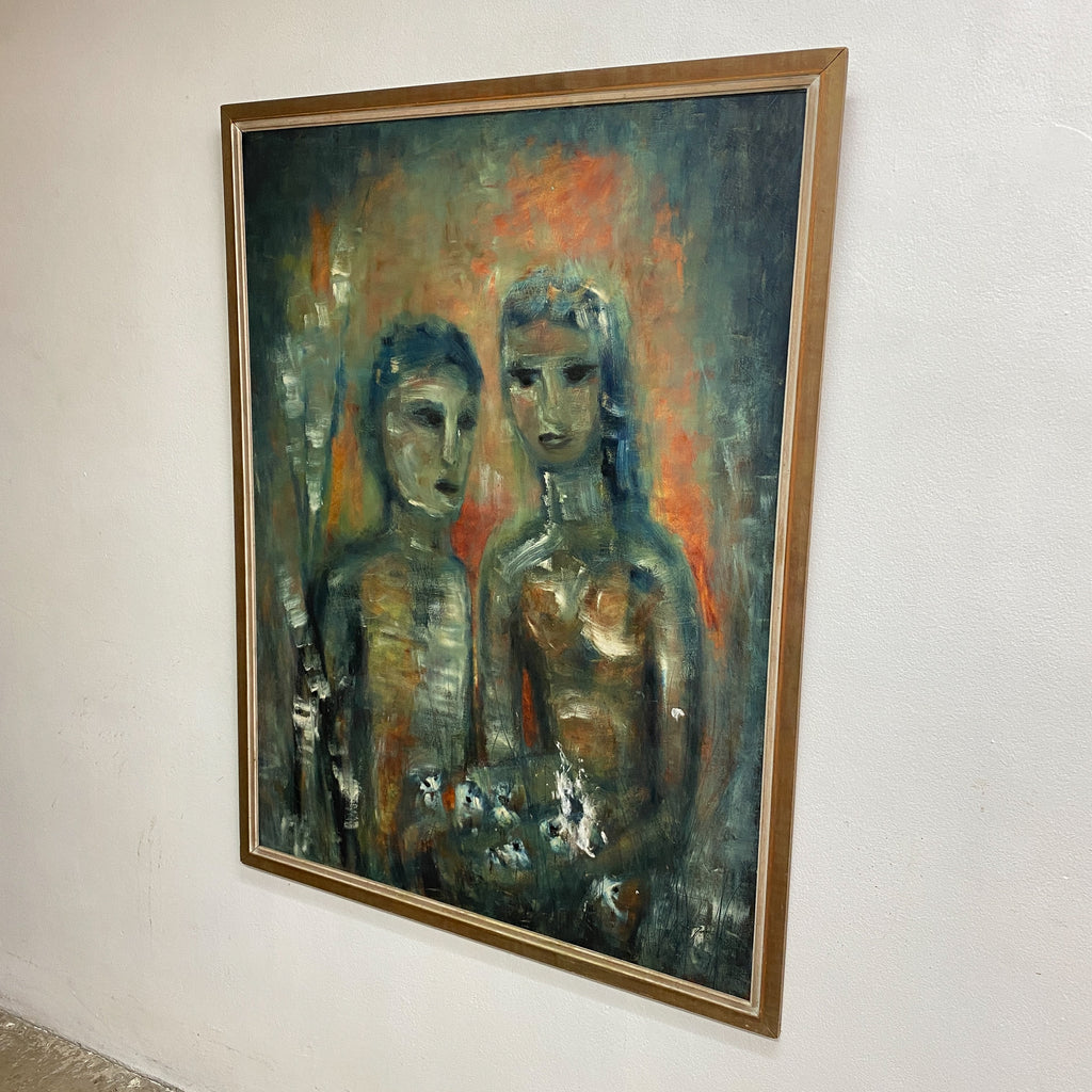 Mid Century Oil On Board Portrait Painting Of Two Figures