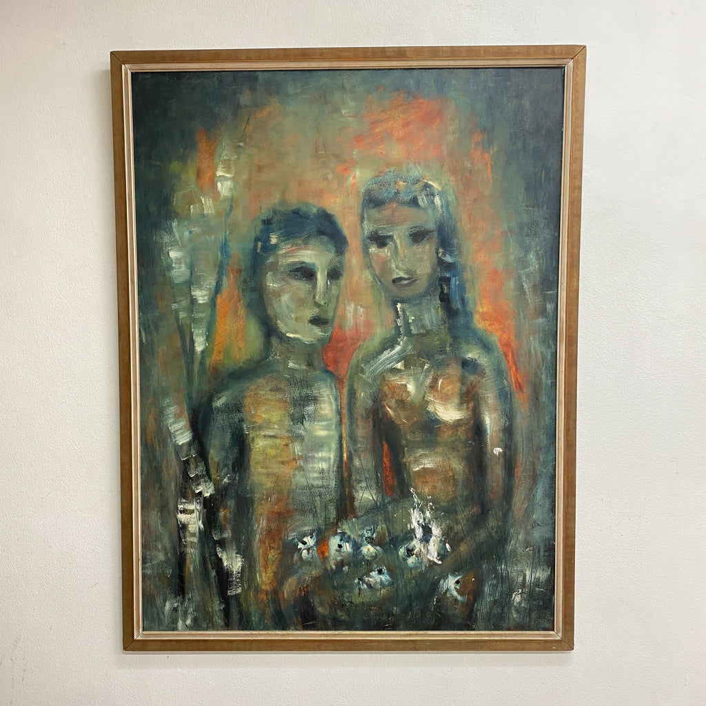 Mid Century Oil On Board Portrait Painting Of Two Figures