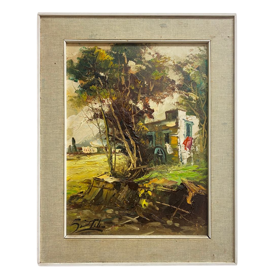 Mid Century Painting By S.Stilo Italy Cottage Scene