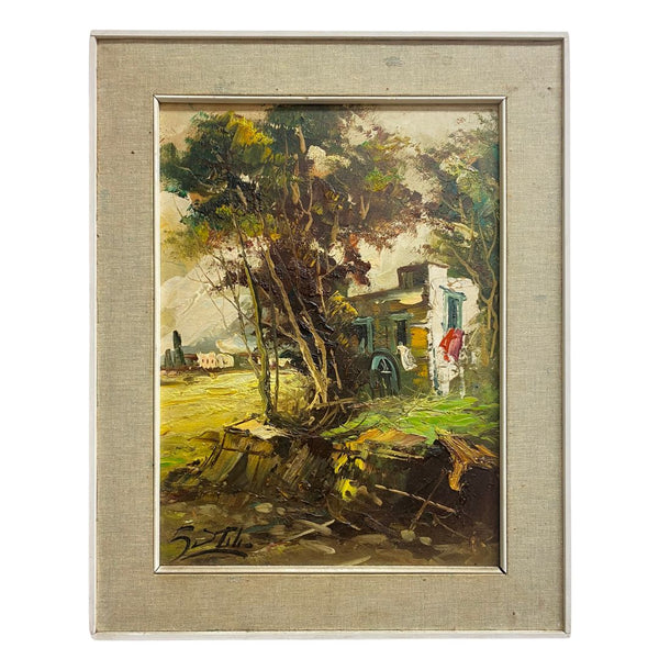 Mid Century Painting By S.Stilo Italy Cottage Scene