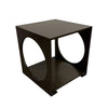 A dark brown wooden cube side table featuring two large circular cutouts on the front faces and a lower shelf, shown on a plain white background.