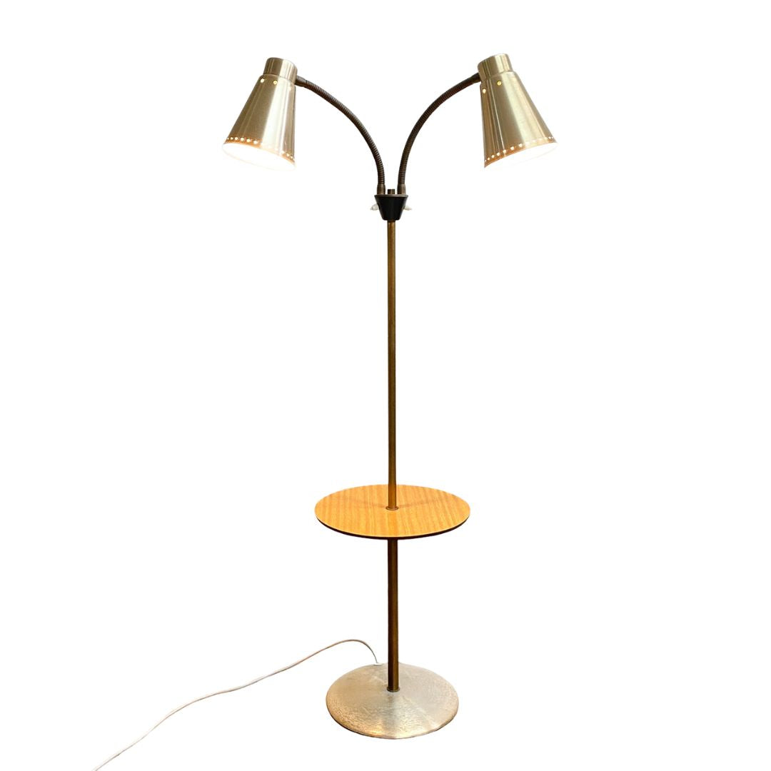 Mid century 50 60s  Twin Light Gooseneck Floor Lamp With Side Table
