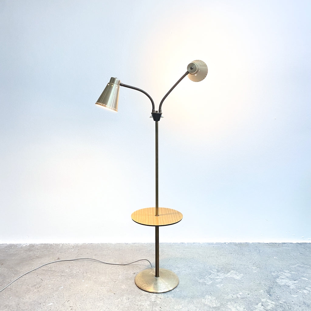 Mid century 50 60s  Twin Light Gooseneck Floor Lamp With Side Table
