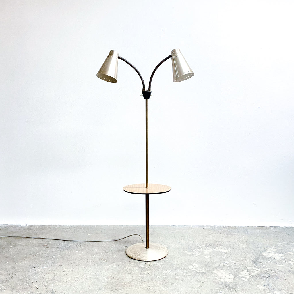 Mid century 50 60s  Twin Light Gooseneck Floor Lamp With Side Table