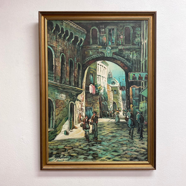 Mid Century Italian Streetscape Oil Painting