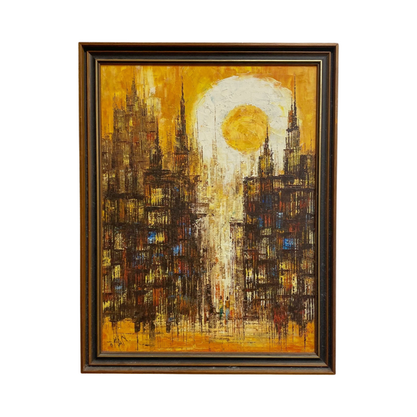 Original Abstract Cityscape Oil On Board Signed Painting