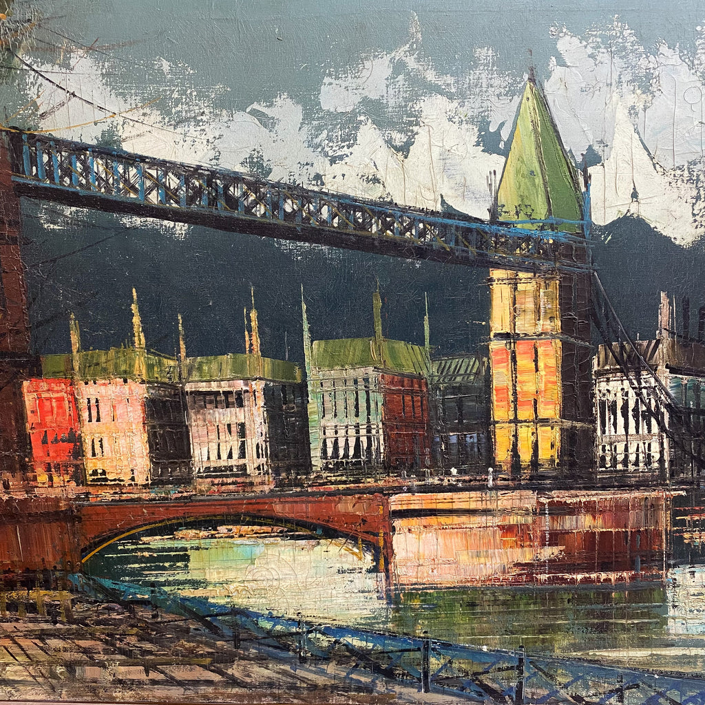 Original Early 20th Century Bridge City Landscape Oil Painting