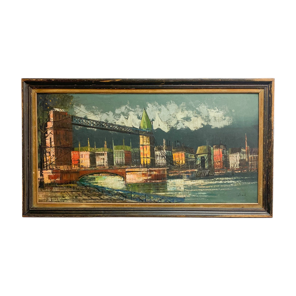 Original Early 20th Century Bridge City Landscape Oil Painting