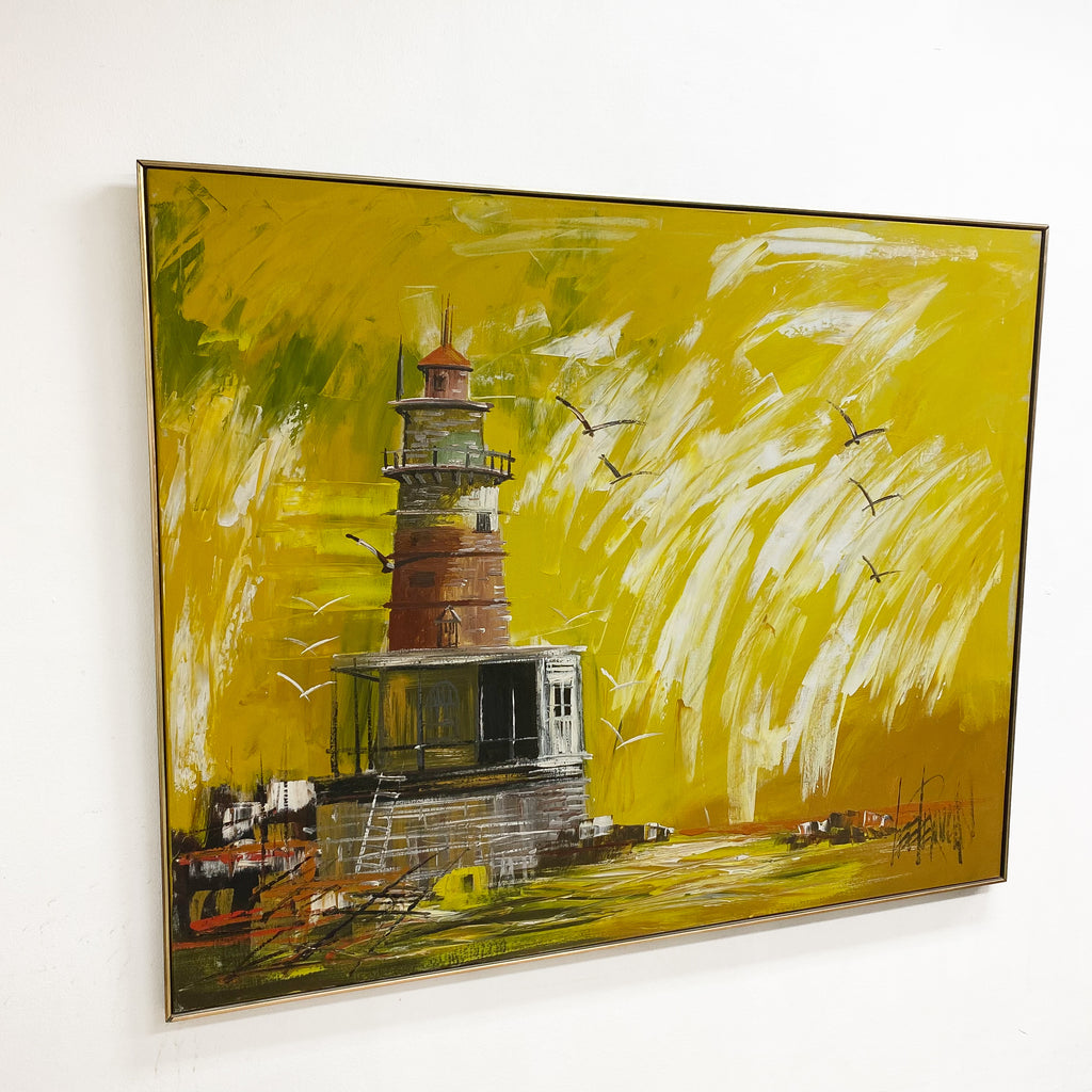 Original Mid Century Lee Reynolds ''Lighthouse''  Impressionist Oil Painting