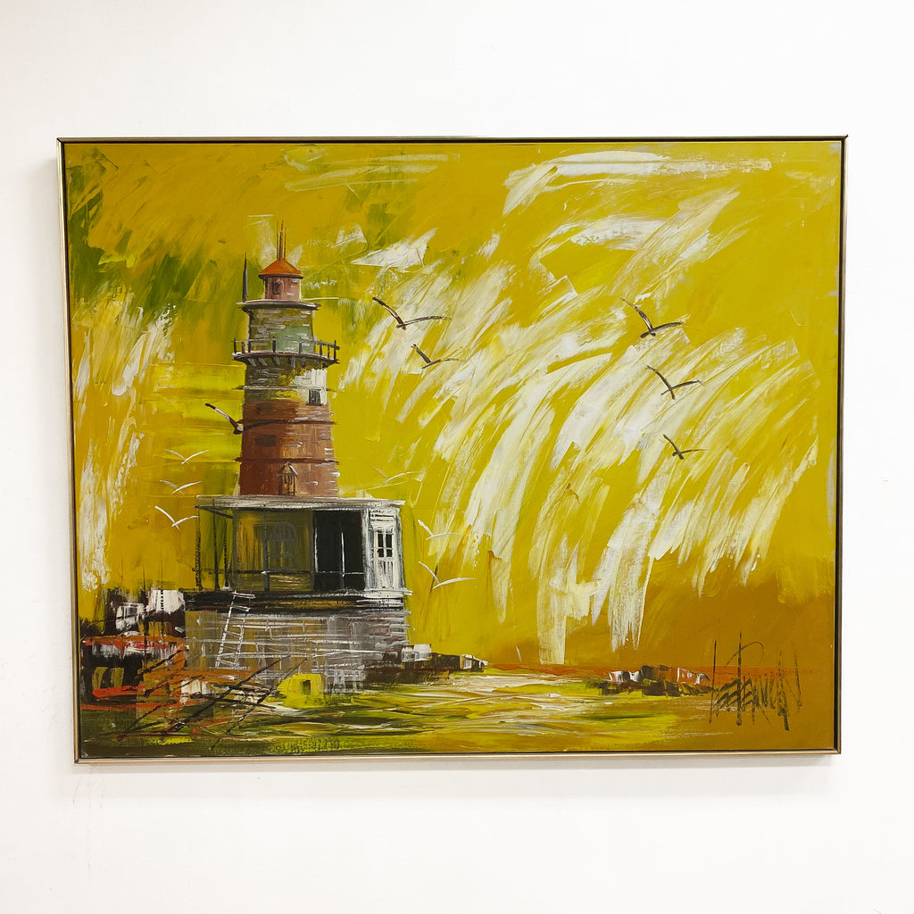 Original Mid Century Lee Reynolds ''Lighthouse''  Impressionist Oil Painting