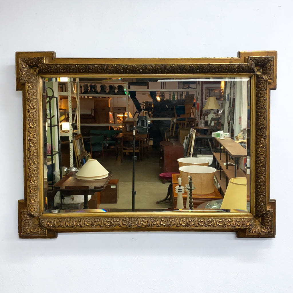 Ornate 19th Century Gilt Framed Bevel Edge Mirror with Outset Box Corners