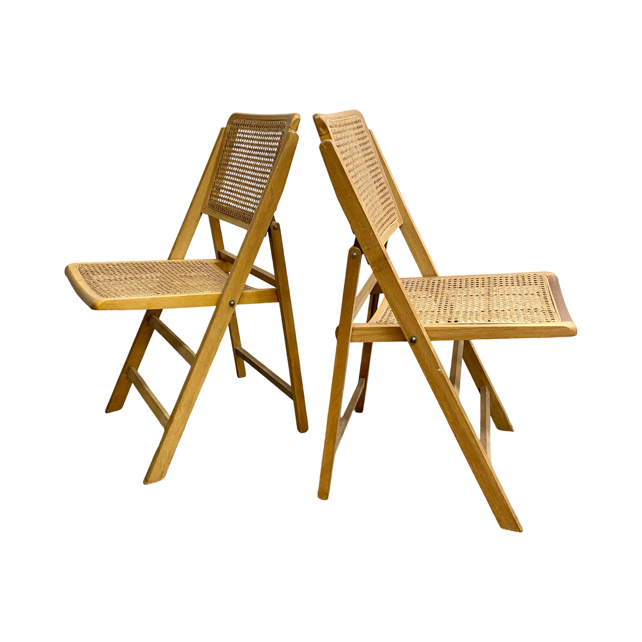 Pair Mid Century Folding Timber & Rattan Dining Chairs.